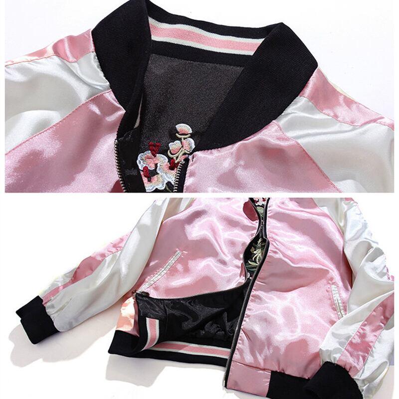 花刺繍スタジャン ジャケット 両面着れる服 チャイナ風服 SS S M L LL 男女兼用 カップル服 ピンク+黒 - ChinChic