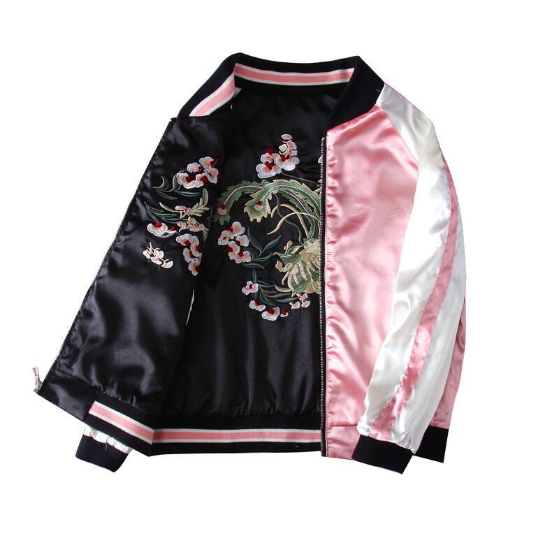 花刺繍スタジャン ジャケット 両面着れる服 チャイナ風服 SS S M L LL 男女兼用 カップル服 ピンク+黒 - ChinChic