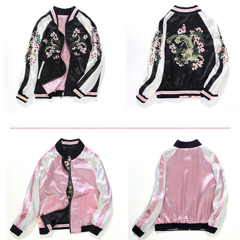 花刺繍スタジャン ジャケット 両面着れる服 チャイナ風服 SS S M L LL 男女兼用 カップル服 ピンク+黒 - ChinChic