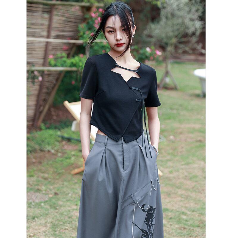 【大青龍肆シリーズ】★チャイナ風トップス★ Tシャツ デザイン性有り 着痩せ セクシー オリジナル ブラック 黒 - ChinChic