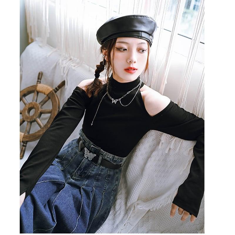 【古怪舍---月重奏シリーズ】★チャイナ風トップス★ Tシャツ セクシー 肩出し オリジナル 合わせやすい ブラック - ChinChic