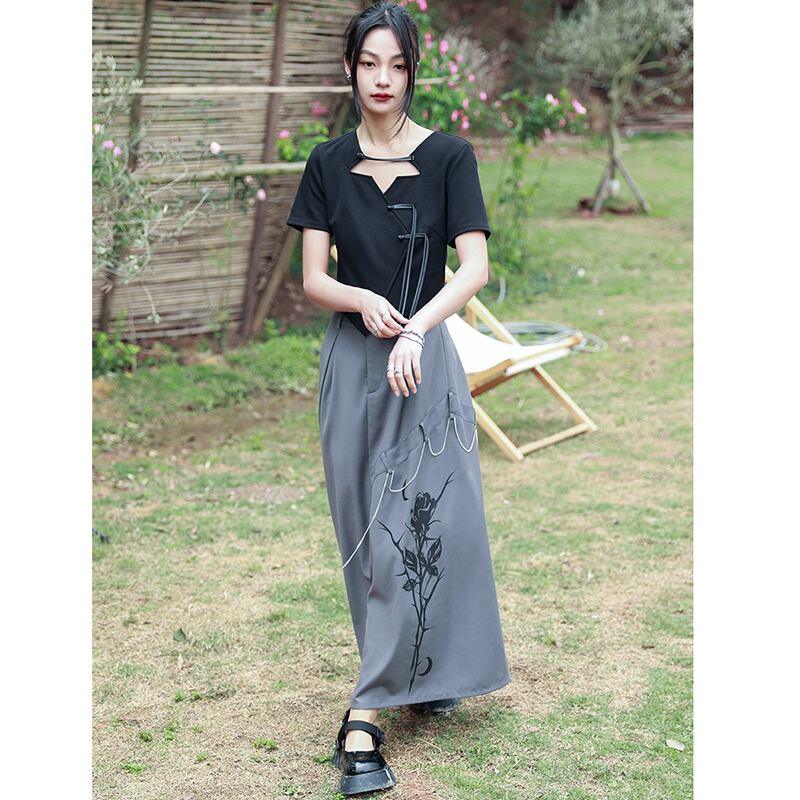 【大青龍肆シリーズ】★チャイナ風トップス★ Tシャツ デザイン性有り 着痩せ セクシー オリジナル ブラック 黒 - ChinChic
