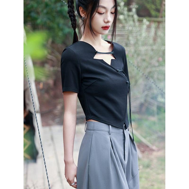 【大青龍肆シリーズ】★チャイナ風トップス★ Tシャツ デザイン性有り 着痩せ セクシー オリジナル ブラック 黒 - ChinChic