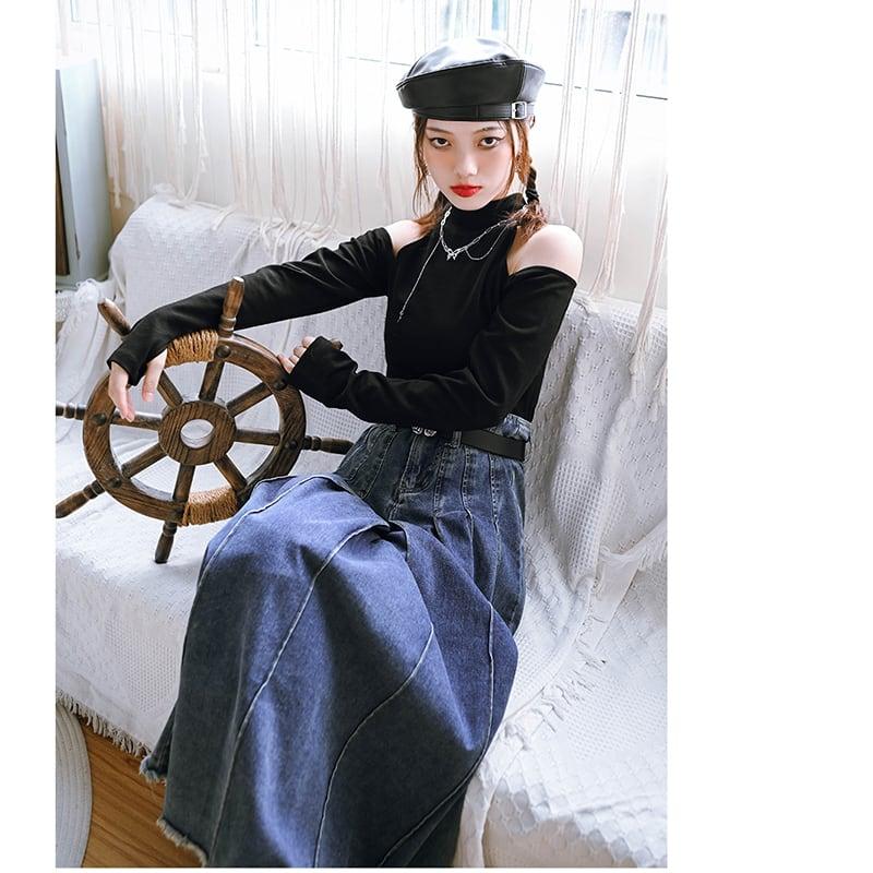 【古怪舍---月重奏シリーズ】★チャイナ風トップス★ Tシャツ セクシー 肩出し オリジナル 合わせやすい ブラック - ChinChic