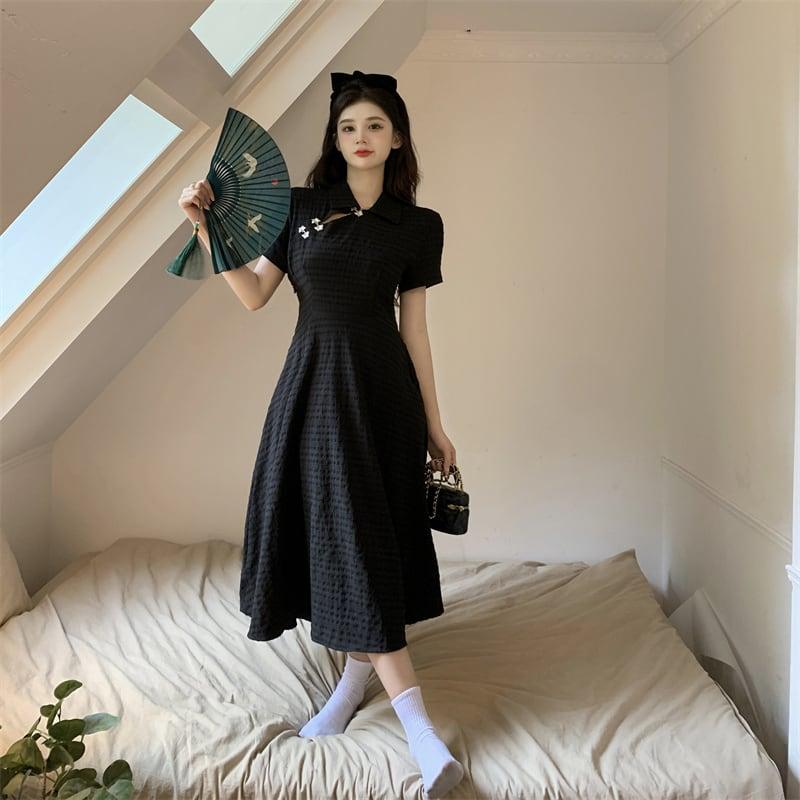 【TAOSHANGシリーズ】★チャイナ風ワンピース★ 大きいサイズ ブラック 黒い デート 通勤 着痩せ 普段着 - ChinChic