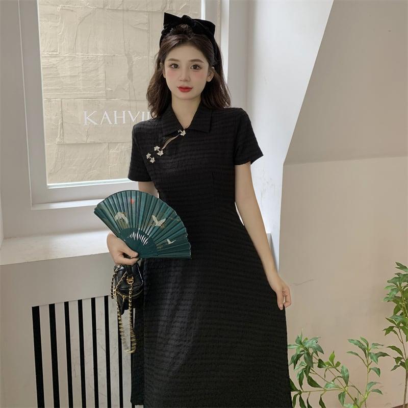 【TAOSHANGシリーズ】★チャイナ風ワンピース★ 大きいサイズ ブラック 黒い デート 通勤 着痩せ 普段着 - ChinChic