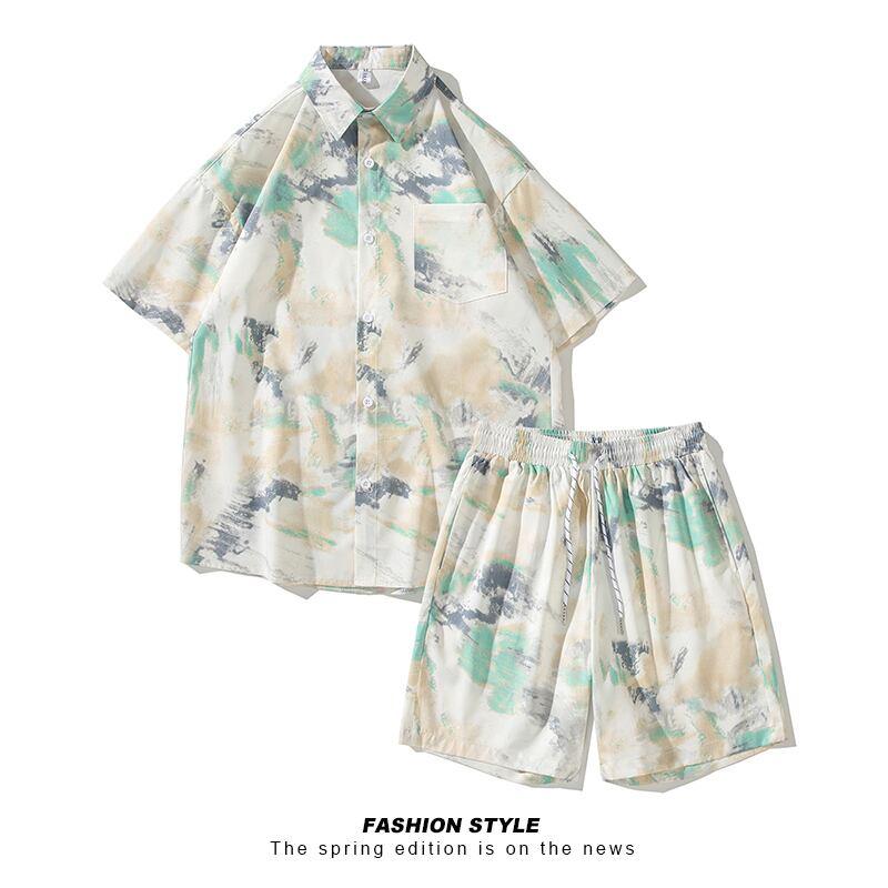 【TIANYIシリーズ】★セットアップ★ シャツ+短パン 3COLOR 男女兼用 メンズ 大きいサイズ 油絵風 - ChinChic