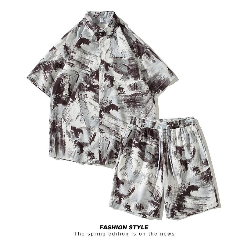 【TIANYIシリーズ】★セットアップ★ シャツ+短パン 3COLOR 男女兼用 メンズ 大きいサイズ 油絵風 - ChinChic