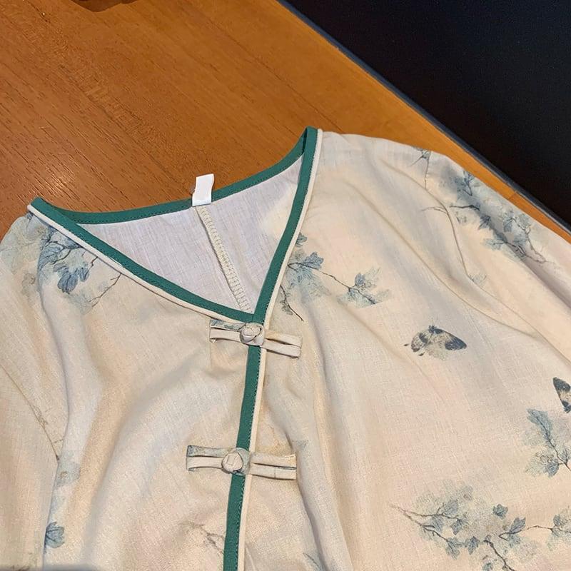【TIOCIADZRシリーズ】★チャイナ風ワンピース★ 改良唐装 中華服 Vネック ゆったり 配色 プリント - ChinChic