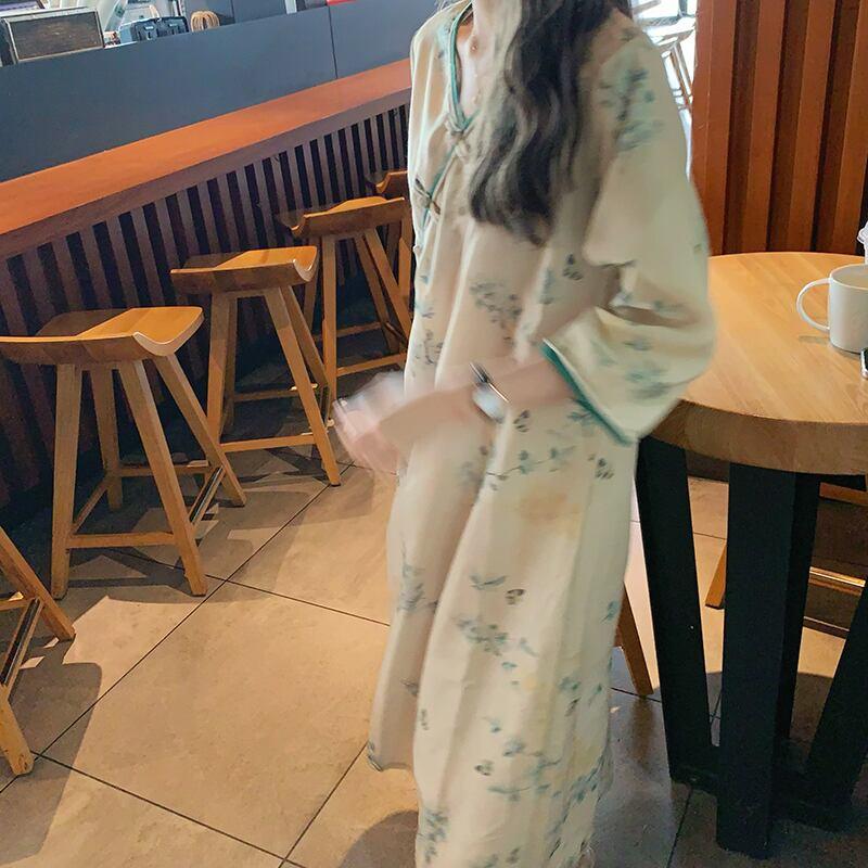【TIOCIADZRシリーズ】★チャイナ風ワンピース★ 改良唐装 中華服 Vネック ゆったり 配色 プリント - ChinChic