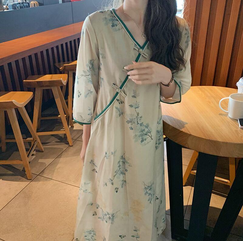 【TIOCIADZRシリーズ】★チャイナ風ワンピース★ 改良唐装 中華服 Vネック ゆったり 配色 プリント - ChinChic