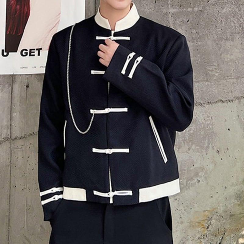【WENYIシリーズ】★チャイナ風ジャケット★ アウター 中華服 男女兼用 メンズ 配色 個性的 ブラック 黒い - ChinChic