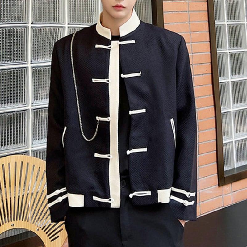 【WENYIシリーズ】★チャイナ風ジャケット★ アウター 中華服 男女兼用 メンズ 配色 個性的 ブラック 黒い - ChinChic