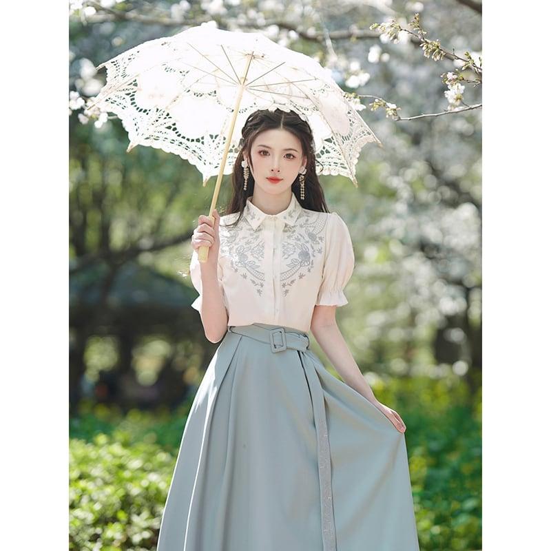【WUJIAシリーズ】★チャイナ風セットアップ 単品注文★ シャツORスカート 半袖 刺繍 気質アップ - ChinChic