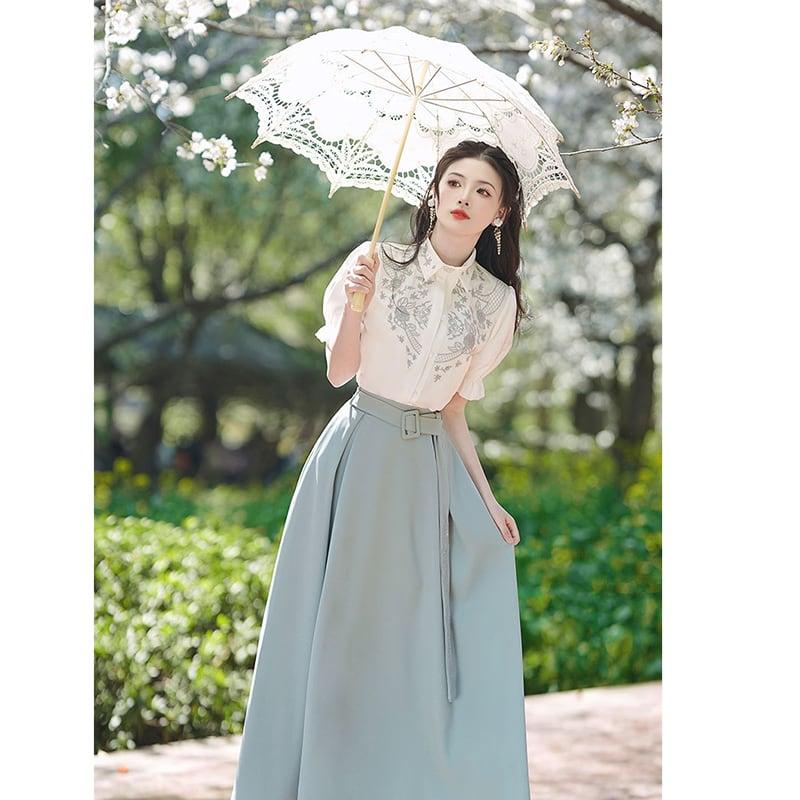 【WUJIAシリーズ】★チャイナ風セットアップ 単品注文★ シャツORスカート 半袖 刺繍 気質アップ - ChinChic