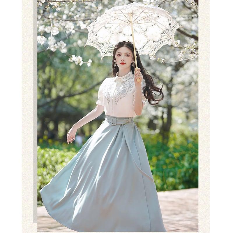 【WUJIAシリーズ】★チャイナ風セットアップ 単品注文★ シャツORスカート 半袖 刺繍 気質アップ - ChinChic