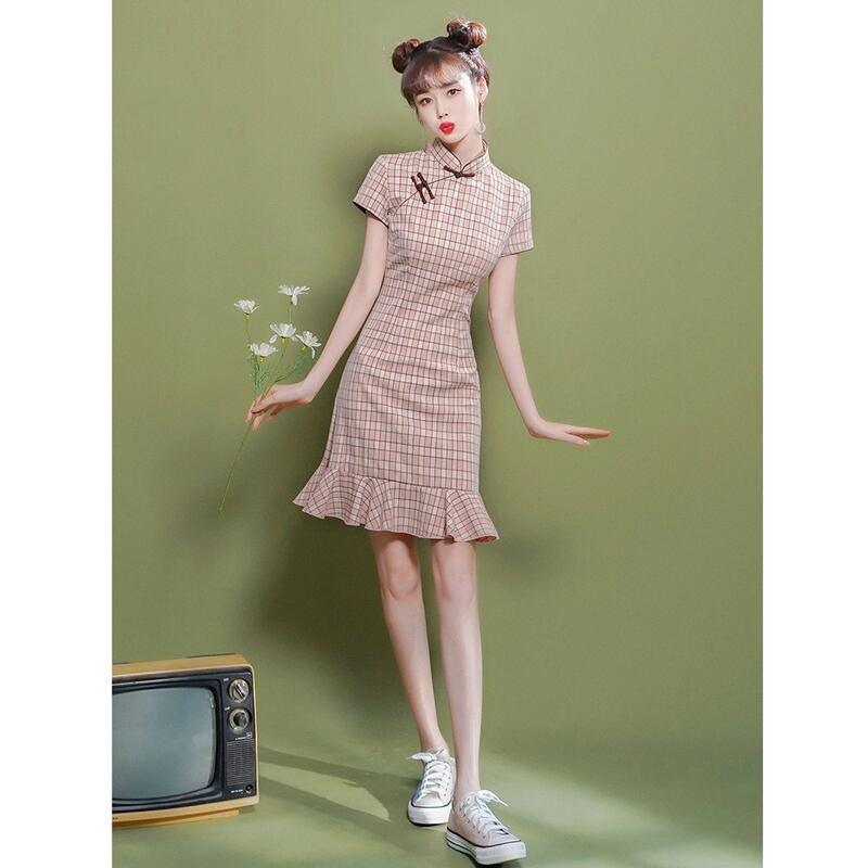 【XIANGSHUシリーズ】★チェック柄チャイナドレス★ ショート丈 ワンピース マーメイドライン ピンク - ChinChic