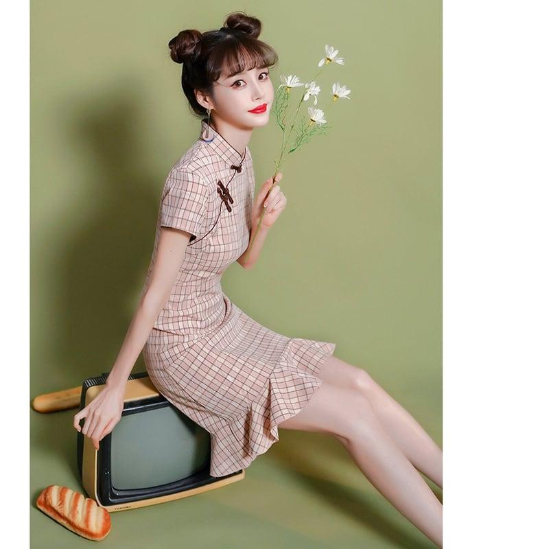 【XIANGSHUシリーズ】★チェック柄チャイナドレス★ ショート丈 ワンピース マーメイドライン ピンク - ChinChic