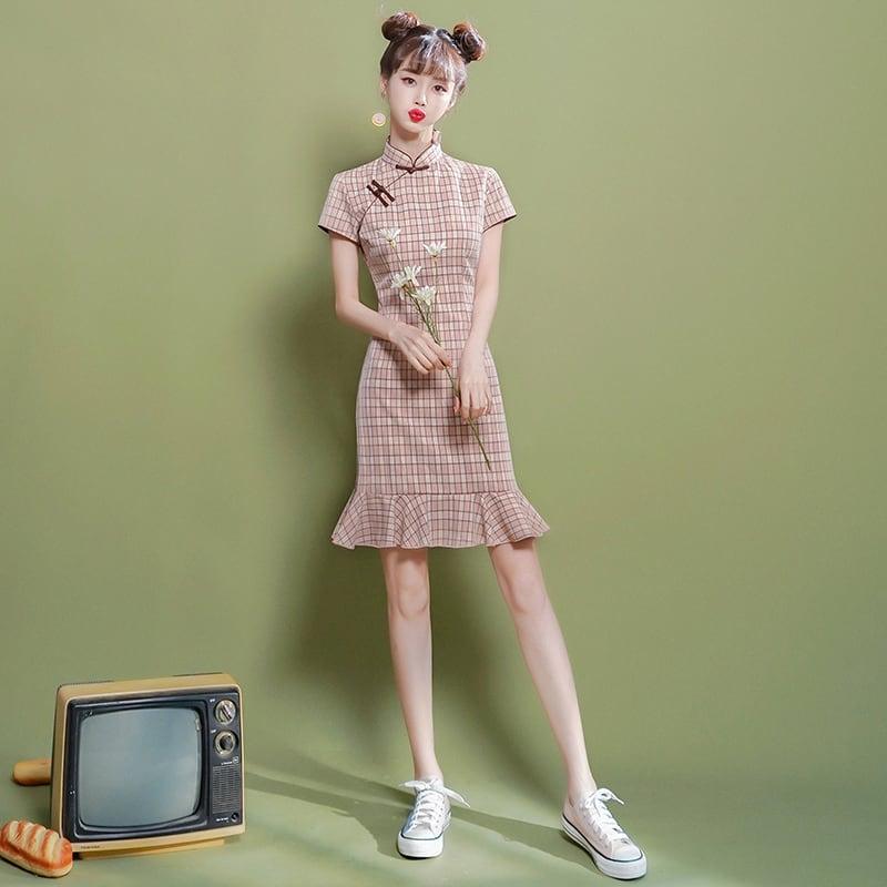 【XIANGSHUシリーズ】★チェック柄チャイナドレス★ ショート丈 ワンピース マーメイドライン ピンク - ChinChic