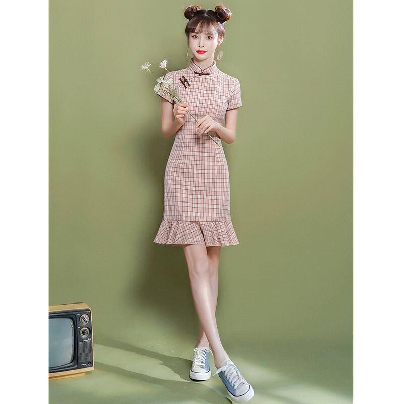 【XIANGSHUシリーズ】★チェック柄チャイナドレス★ ショート丈 ワンピース マーメイドライン ピンク - ChinChic