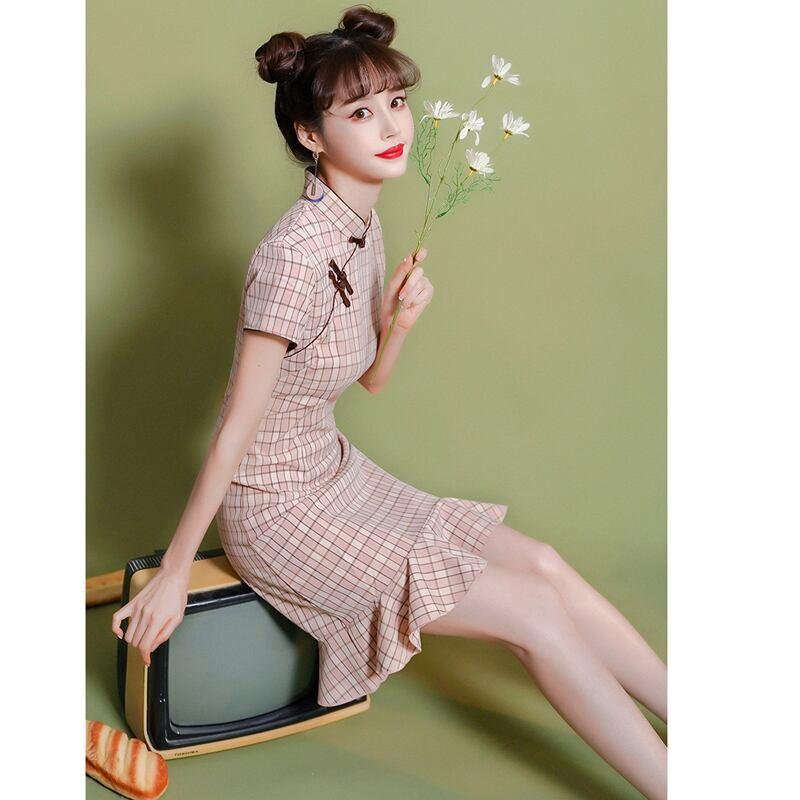 【XIANGSHUシリーズ】★チェック柄チャイナドレス★ ショート丈 ワンピース マーメイドライン ピンク - ChinChic