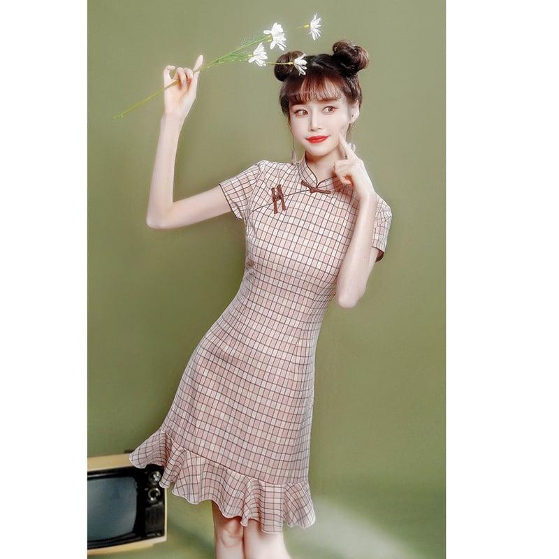 【XIANGSHUシリーズ】★チェック柄チャイナドレス★ ショート丈 ワンピース マーメイドライン ピンク - ChinChic