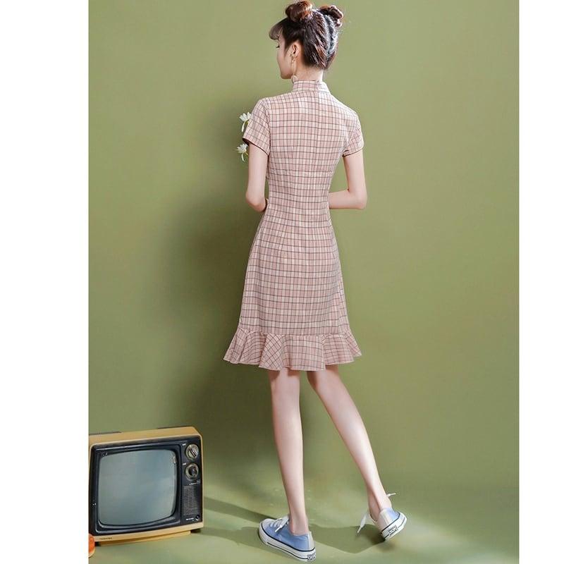 【XIANGSHUシリーズ】★チェック柄チャイナドレス★ ショート丈 ワンピース マーメイドライン ピンク - ChinChic