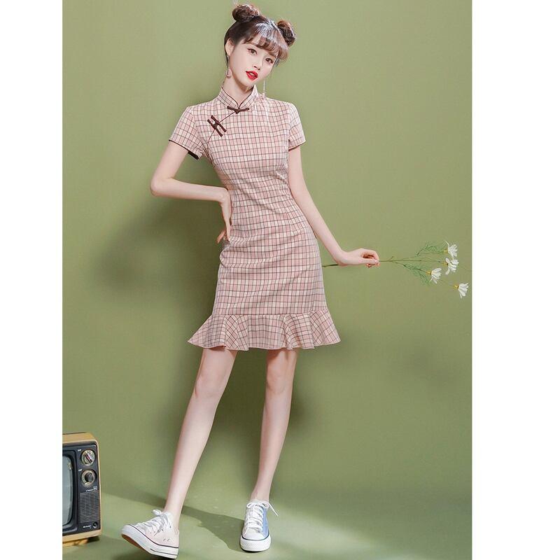 【XIANGSHUシリーズ】★チェック柄チャイナドレス★ ショート丈 ワンピース マーメイドライン ピンク - ChinChic