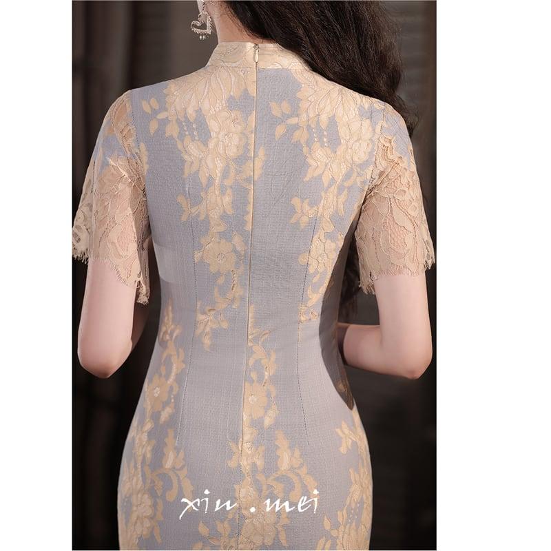 【XIUMEIシリーズ】★チャイナドレス★ レースワンピース 半袖 ロング丈 中華服 半袖 セクシー パーティー 結婚式 - ChinChic