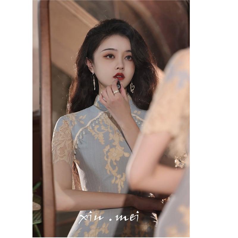 【XIUMEIシリーズ】★チャイナドレス★ レースワンピース 半袖 ロング丈 中華服 半袖 セクシー パーティー 結婚式 - ChinChic