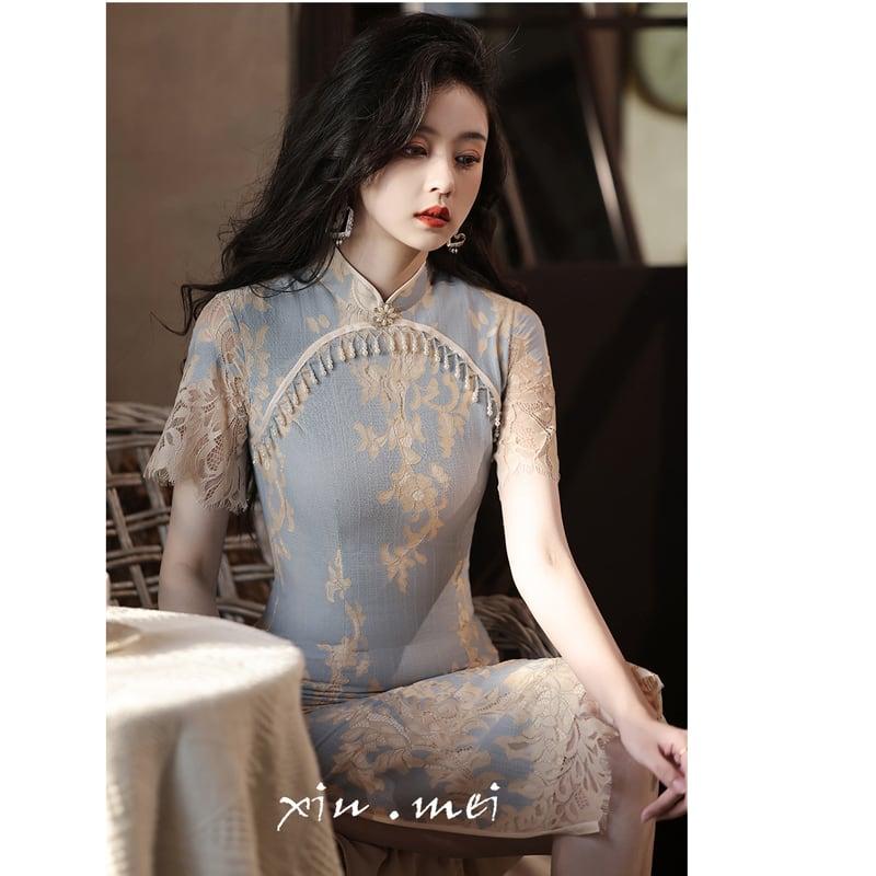 【XIUMEIシリーズ】★チャイナドレス★ レースワンピース 半袖 ロング丈 中華服 半袖 セクシー パーティー 結婚式 - ChinChic