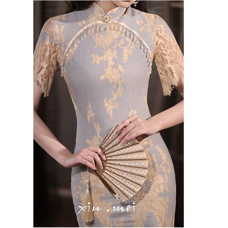 【XIUMEIシリーズ】★チャイナドレス★ レースワンピース 半袖 ロング丈 中華服 半袖 セクシー パーティー 結婚式 - ChinChic