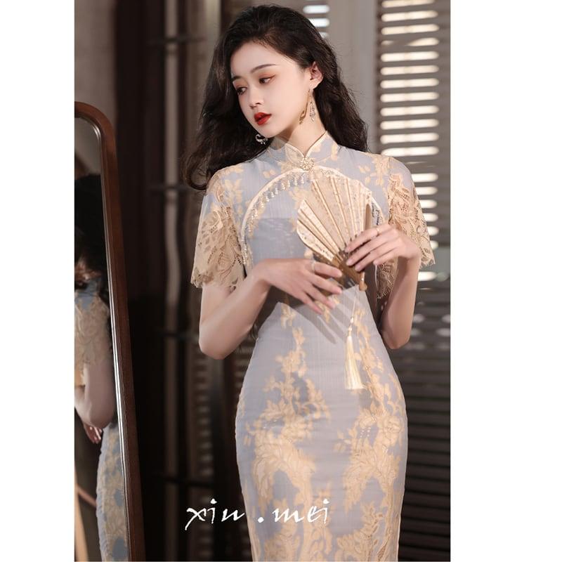 【XIUMEIシリーズ】★チャイナドレス★ レースワンピース 半袖 ロング丈 中華服 半袖 セクシー パーティー 結婚式 - ChinChic