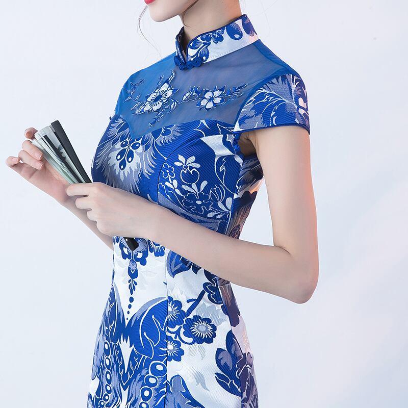 チャイナドレス ワンピース ドレス チャイナ風服 演出服装 イベント 舞台衣装 パーティー スタンドネック ロング丈 マキシ丈 エレガント 着痩せ 上品 大きいサイズ XS S M L LL 3L 4L 染付けシリーズ ブルー 青い マーメイドライン - ChinChic