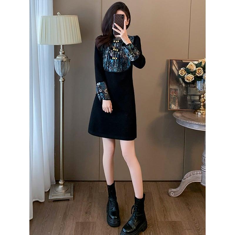 【XUANYIGEシリーズ】★チャイナ風ワンピース★ 切り替え 花柄 エスニック風 チャイナボタン フリンジ 中華服 - ChinChic