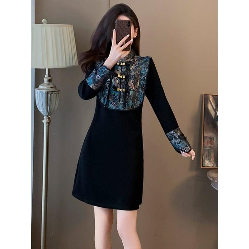 【XUANYIGEシリーズ】★チャイナ風ワンピース★ 切り替え 花柄 エスニック風 チャイナボタン フリンジ 中華服 - ChinChic