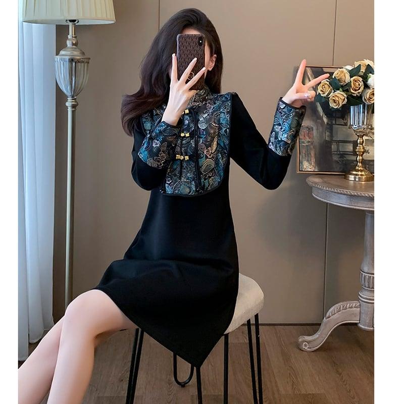 【XUANYIGEシリーズ】★チャイナ風ワンピース★ 切り替え 花柄 エスニック風 チャイナボタン フリンジ 中華服 - ChinChic