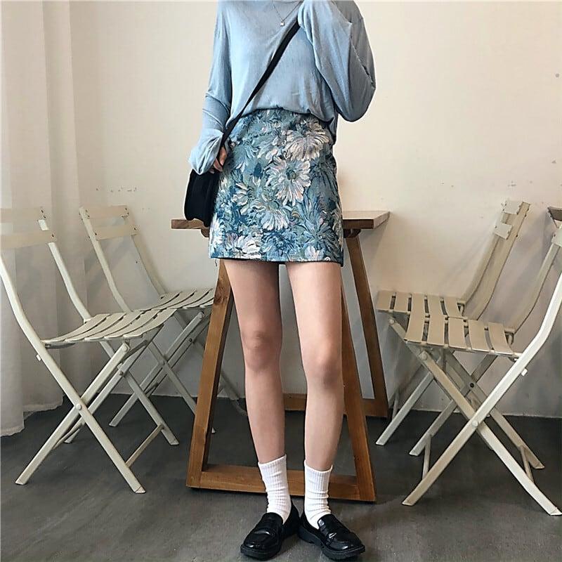 【YANGYANGシリーズ】★ミニスカート★ ボトムス 花柄スカート 油絵風スカート 大きいサイズ ブルー 青い - ChinChic