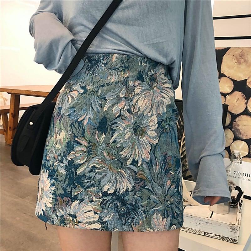 【YANGYANGシリーズ】★ミニスカート★ ボトムス 花柄スカート 油絵風スカート 大きいサイズ ブルー 青い - ChinChic