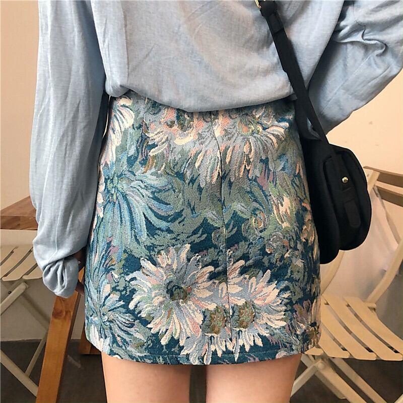 【YANGYANGシリーズ】★ミニスカート★ ボトムス 花柄スカート 油絵風スカート 大きいサイズ ブルー 青い - ChinChic