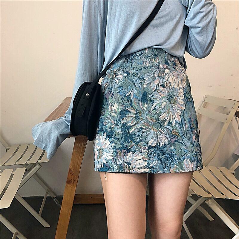 【YANGYANGシリーズ】★ミニスカート★ ボトムス 花柄スカート 油絵風スカート 大きいサイズ ブルー 青い - ChinChic