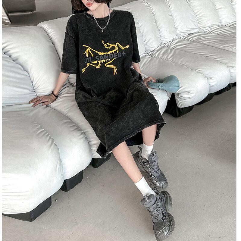 【YIDAOシリーズ】★Tシャツワンピース★ プリント レトロ ゆったり カジュアル 夏服 ブラック 黒い - ChinChic