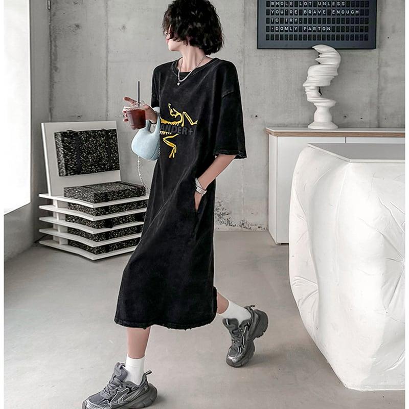 【YIDAOシリーズ】★Tシャツワンピース★ プリント レトロ ゆったり カジュアル 夏服 ブラック 黒い - ChinChic
