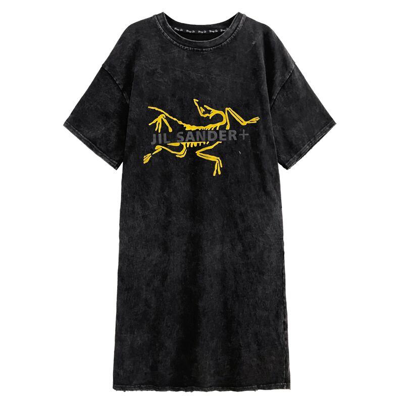 【YIDAOシリーズ】★Tシャツワンピース★ プリント レトロ ゆったり カジュアル 夏服 ブラック 黒い - ChinChic