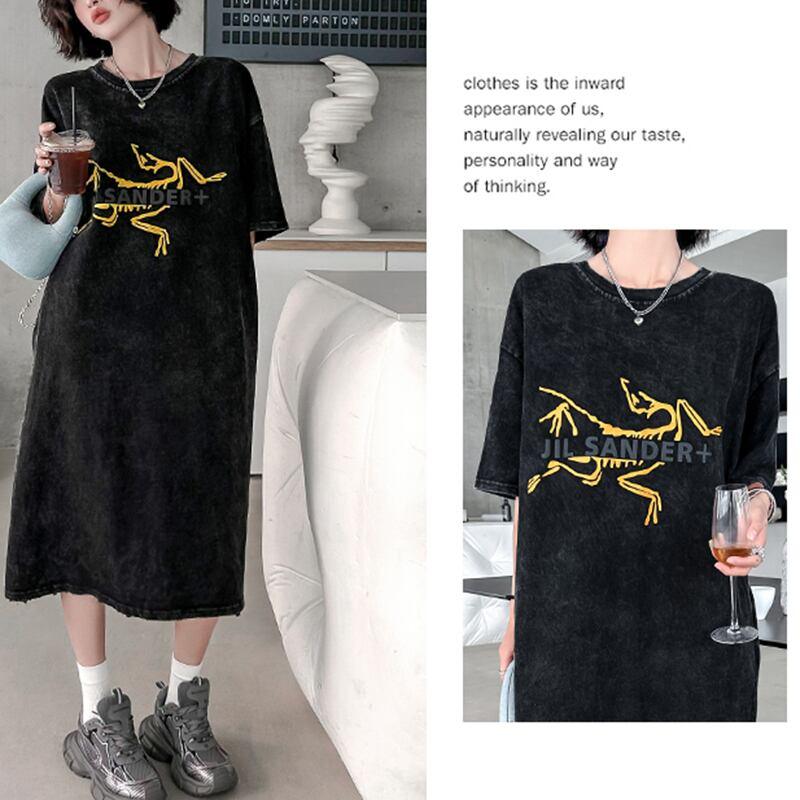 【YIDAOシリーズ】★Tシャツワンピース★ プリント レトロ ゆったり カジュアル 夏服 ブラック 黒い - ChinChic