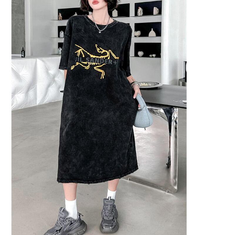 【YIDAOシリーズ】★Tシャツワンピース★ プリント レトロ ゆったり カジュアル 夏服 ブラック 黒い - ChinChic