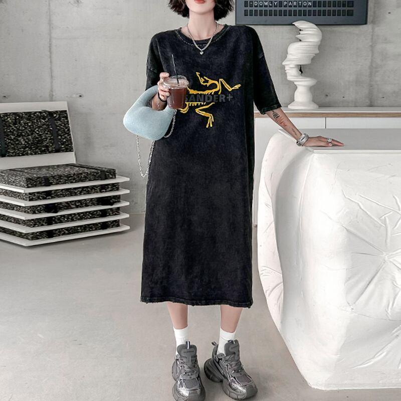 【YIDAOシリーズ】★Tシャツワンピース★ プリント レトロ ゆったり カジュアル 夏服 ブラック 黒い - ChinChic