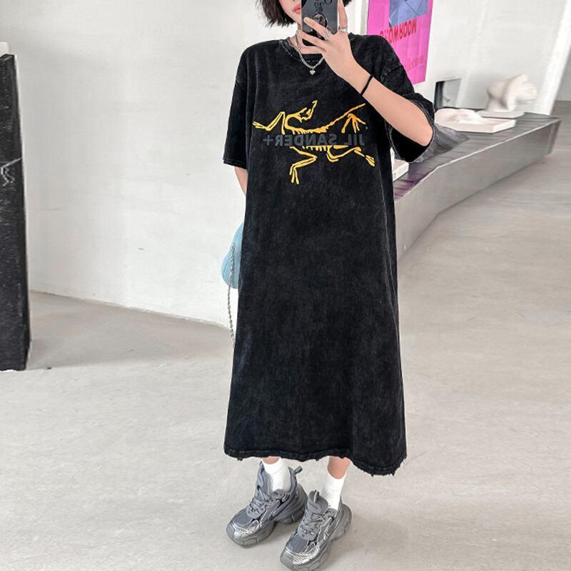 【YIDAOシリーズ】★Tシャツワンピース★ プリント レトロ ゆったり カジュアル 夏服 ブラック 黒い - ChinChic