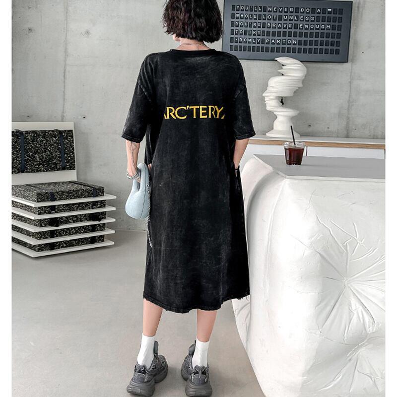 【YIDAOシリーズ】★Tシャツワンピース★ プリント レトロ ゆったり カジュアル 夏服 ブラック 黒い - ChinChic