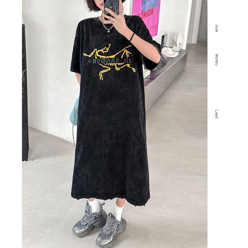 【YIDAOシリーズ】★Tシャツワンピース★ プリント レトロ ゆったり カジュアル 夏服 ブラック 黒い - ChinChic